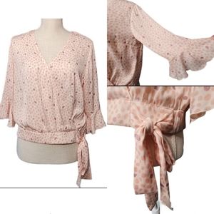 Lauren Conrad Flutter Faux Wrap Polka dot blouse pink Size S EUC